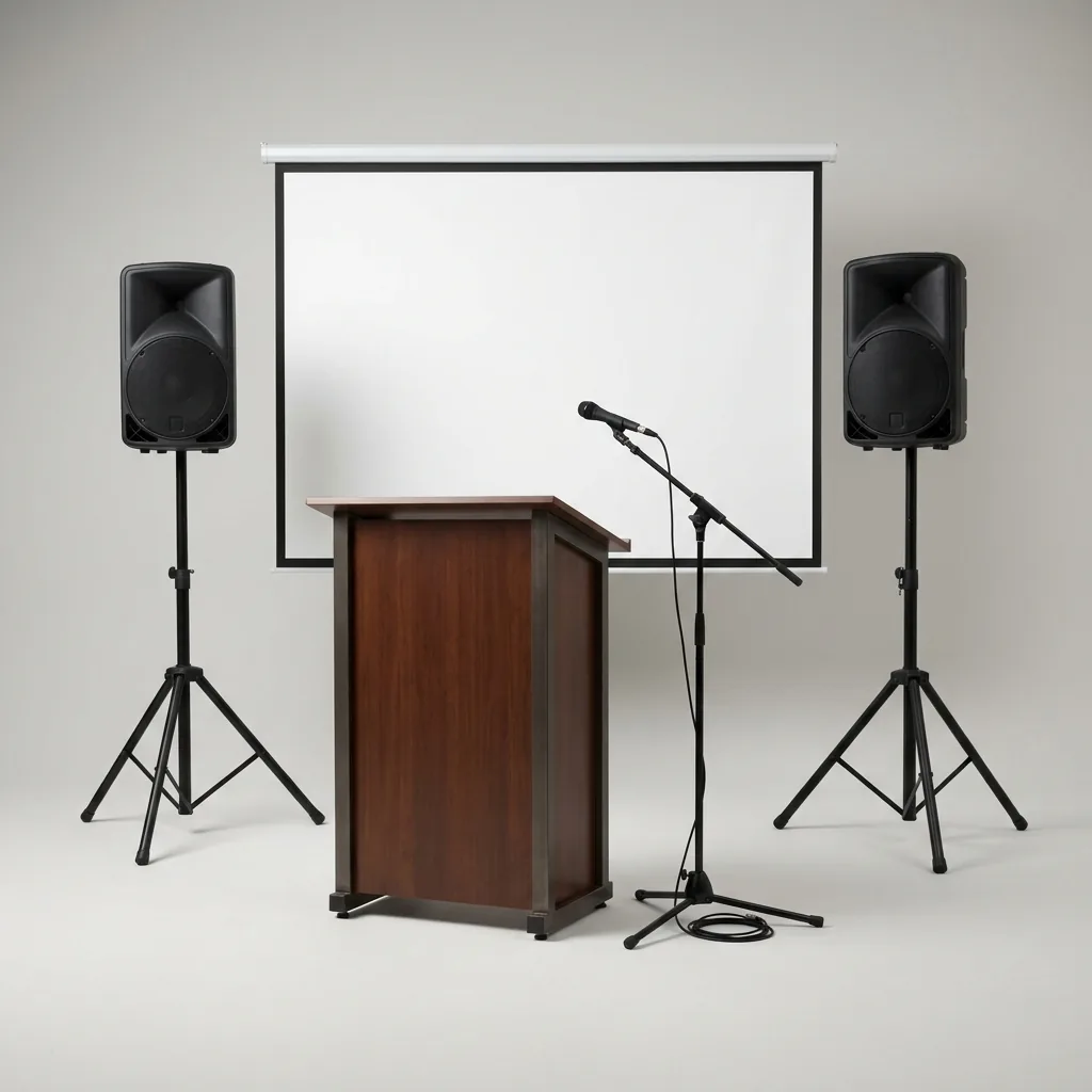 Impianti audio video, podio e luci per conferenze aziendali a noleggio