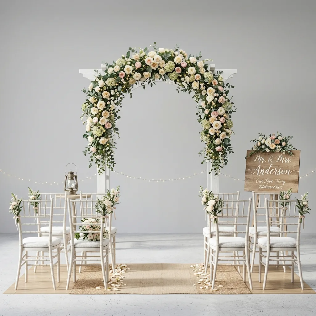Sedie bianche, arco floreale e luci per matrimonio outdoor a noleggio in Sardegna
