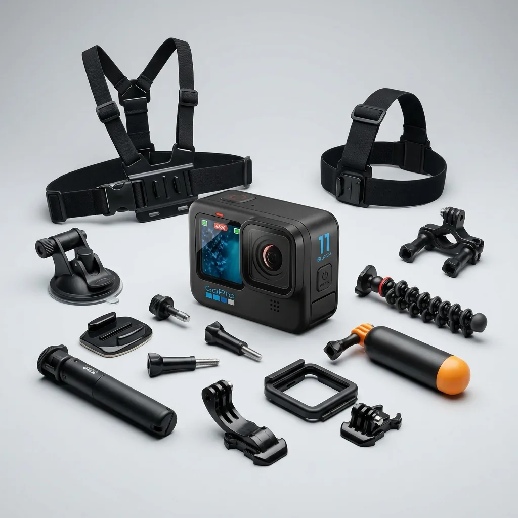 Action cam moderna con accessori di montaggio a noleggio