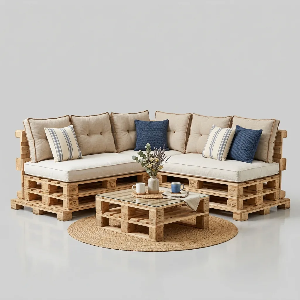 Salotto lounge in pallet in legno con cuscini per eventi a noleggio