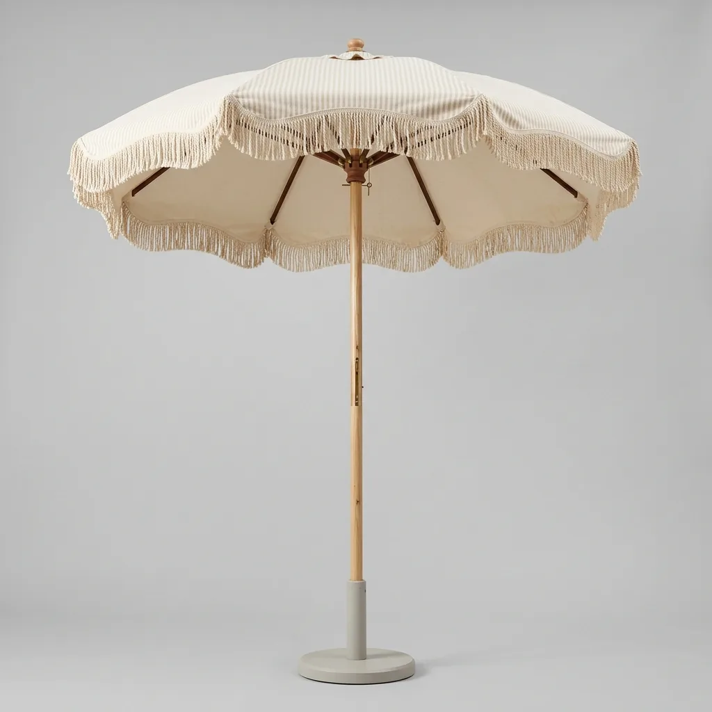 Ombrellone da spiaggia vintage in cotone con frange e palo in legno
