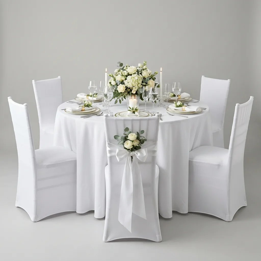 Set tovagliato tovaglie bianche e coprisedie eleganti per matrimonio a noleggio