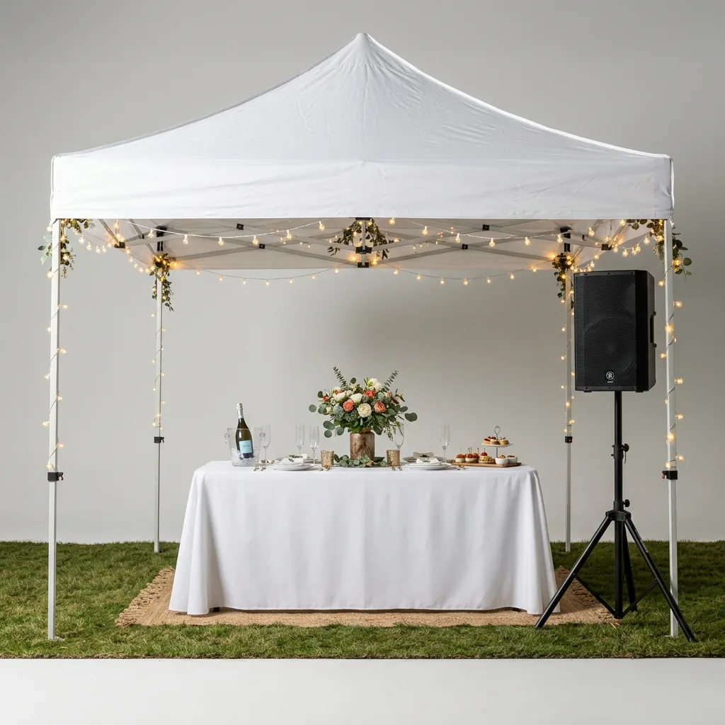 Allestimento per festa in giardino con gazebo, luci e impianto audio a Cagliari