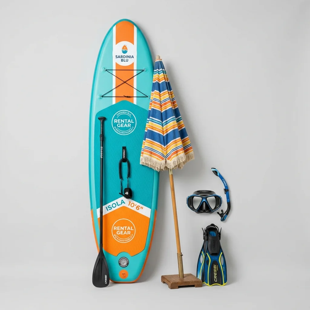 Tavola SUP gonfiabile, kit snorkeling e ombrellone vintage da spiaggia a noleggio a Cagliari